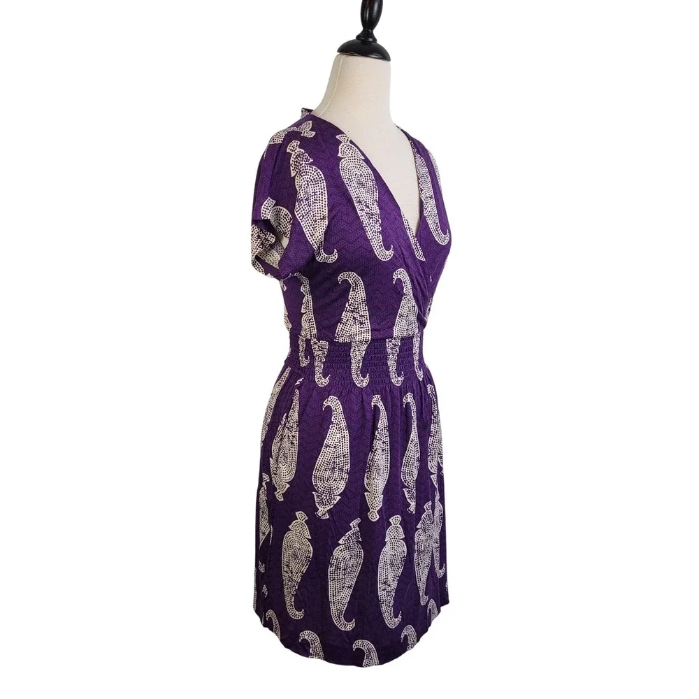 Tory Burch Purple Silk Paisley Smocked Waist V-Neck Dress Size S‎ Garden Party